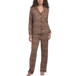 PILLOW TALK 2pc Cheetah Print Long Sleeve Notch Collar Pajama Set
